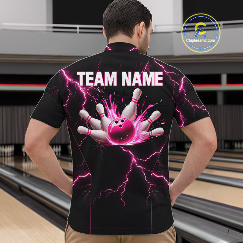 Thunder Lightning Men Bowling Shirt Custom Pink Splatter Bowling Ball & Pins Team Shirts NYN3192
