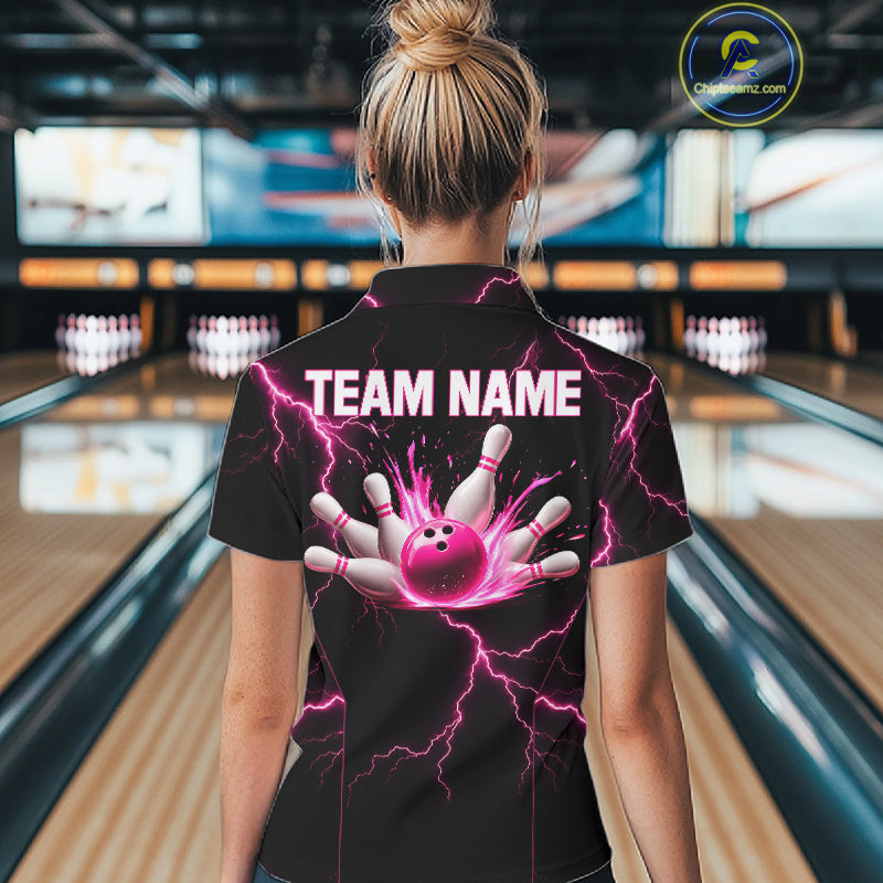 Thunder Lightning Women Bowling Shirt Custom Pink Splatter Bowling Ball & Pins Team Shirts NYN3192