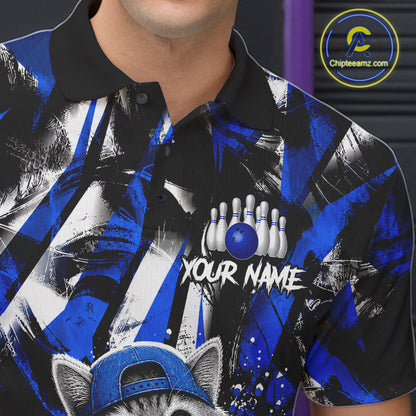 Funny Cat Blue & White Grunge Bowling Jersey For Men Custom Bowling Tournament Bowling Team Shirts NYN3198