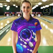 Load image into Gallery viewer, Woman wearing purple blue abstract bowling shirt custom league bowling apparel