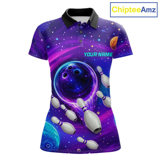 Women's purple blue abstract bowling polo shirt custom bowling team jersey mockup