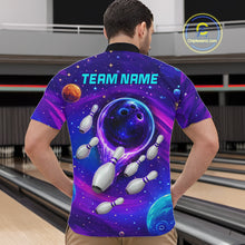 Load image into Gallery viewer, Man wearing purple blue abstract bowling shirt custom league bowling apparel