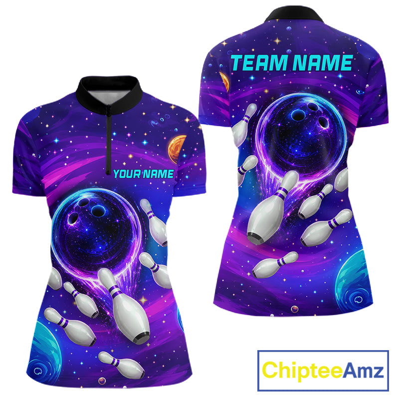 Women's purple blue abstract quarter zip bowling shirt custom bowling jersey mockup