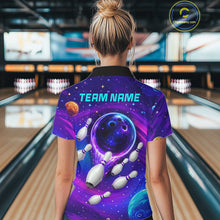 Load image into Gallery viewer, Woman wearing purple blue abstract bowling shirt custom league bowling apparel