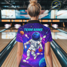 Load image into Gallery viewer, Woman wearing funny astronaut galaxy bowling shirt custom bowling apparel