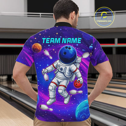 Man wearing funny astronaut galaxy bowling shirt custom bowling apparel