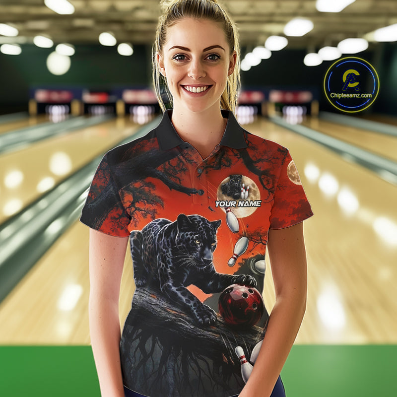 Womens Black Funny Panther Bowling Shirts Custom Black & Red Bowling Team Polo 1/4-Zip Jersey NYN3459
