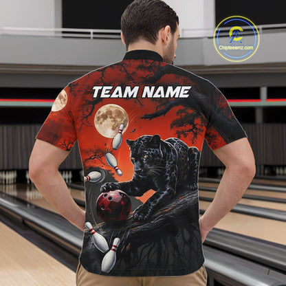 Man wearing black red panther bowling shirt custom bowling apparel