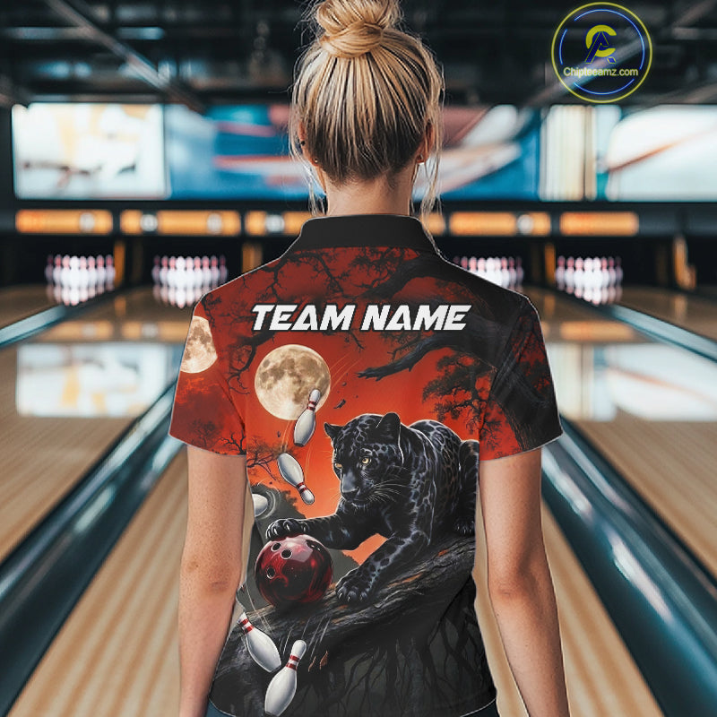 Woman wearing black red panther bowling shirt custom bowling apparel