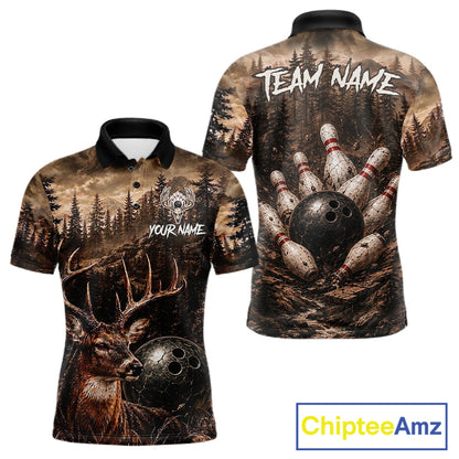 Funny deer grunge forest bowling polo shirt for men brown bowling jersey mockup