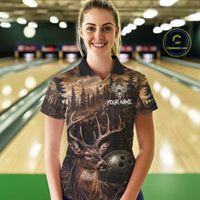 Load image into Gallery viewer, Woman wearing funny deer grunge forest bowling shirt custom bowling apparel