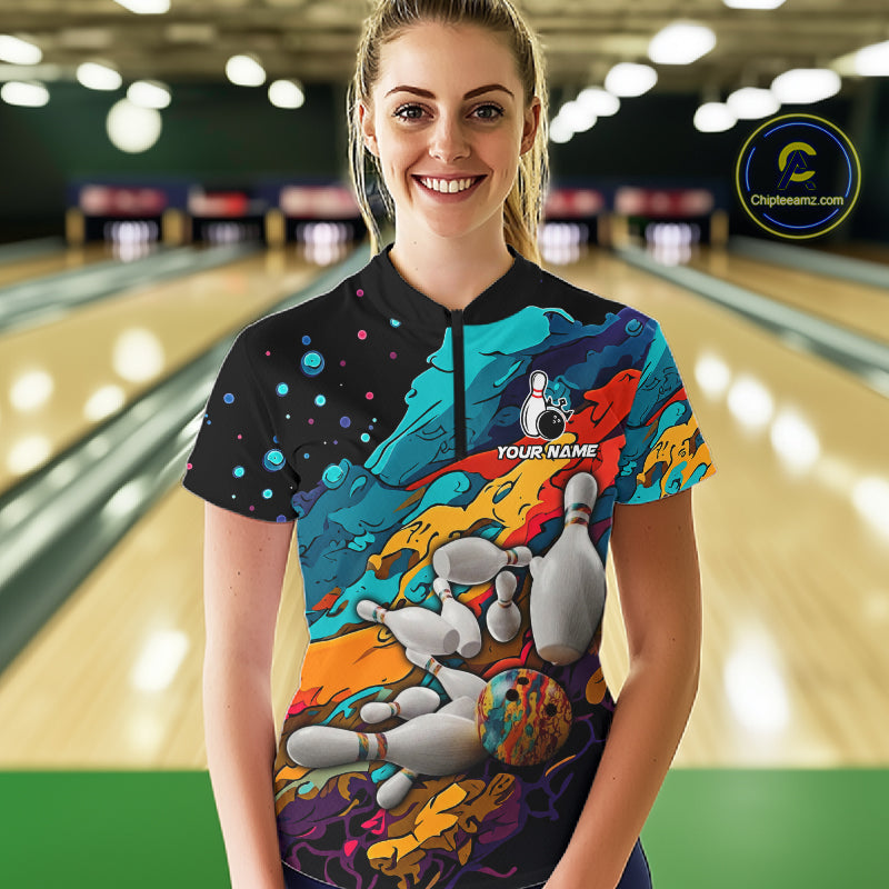 Colorful quarter zip bowling shirt for women custom bowling jersey mockup