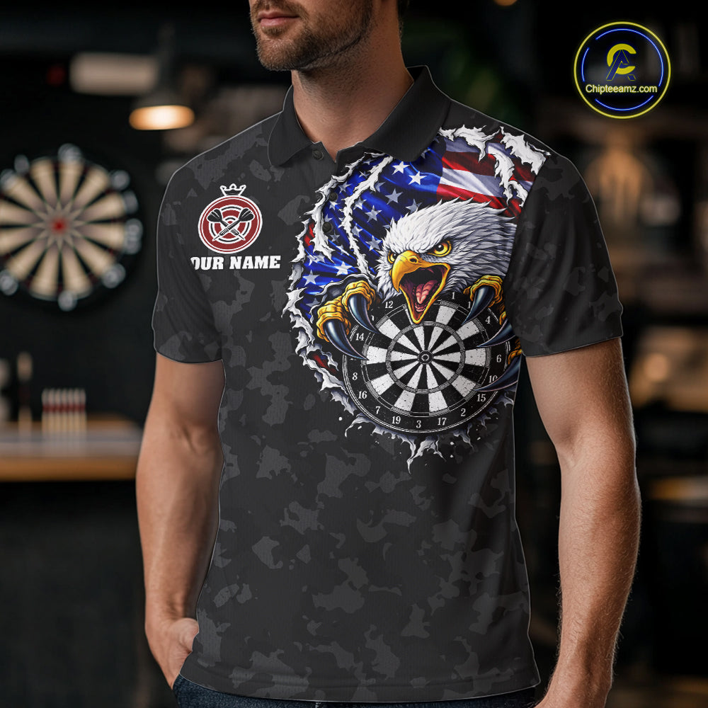 Male model wearing Patriotic Skull Eagle Black Darts Polo, Personalized USA Tournament Jersey
