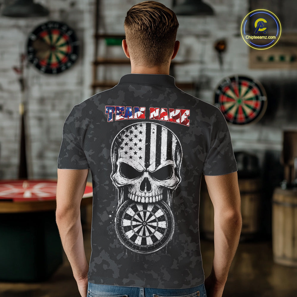 Male model wearing Patriotic Skull Eagle Black Darts Polo, Personalized USA Tournament Jersey