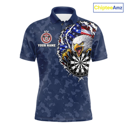 Patriotic American Flag Skull Eagle Camo Women's Darts Polo Shirt Mockup, Blue Custom USA Dart Team Jersey, Personalized Tournament Apparel