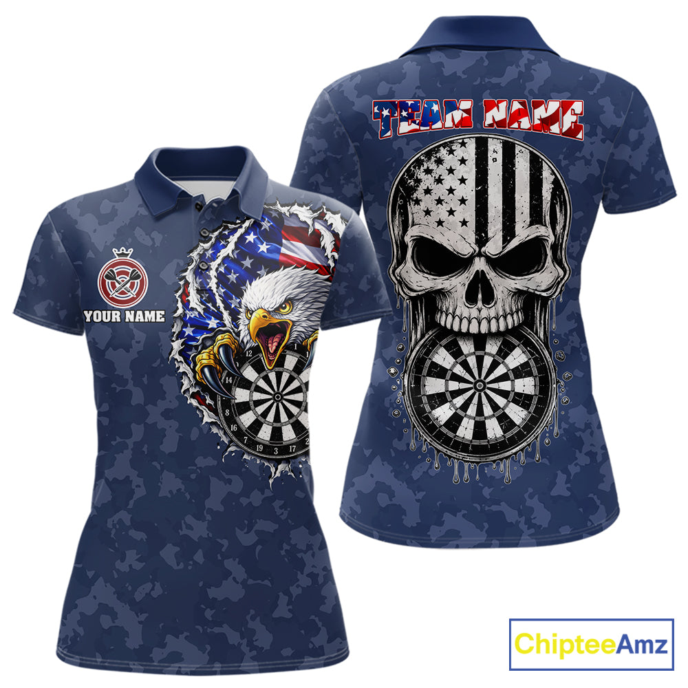 Patriotic American Flag Skull Eagle Camo Women's Darts Polo Shirt Mockup, Blue Custom USA Dart Team Jersey, Personalized Tournament Apparel