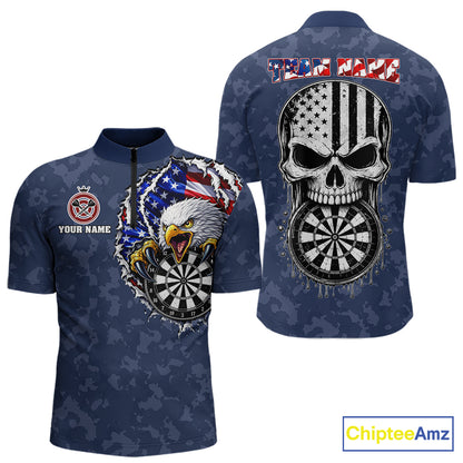 Patriotic USA Flag Skull Eagle Men's Quarter-Zip Darts Jersey Mockup, Blue Personalized League Shirt