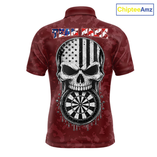 Patriotic American Flag Skull Eagle Camo Women's Darts Polo Shirt Mockup, Red Custom USA Dart Team Jersey, Personalized Tournament Apparel