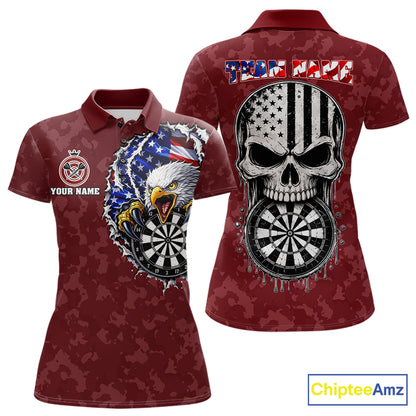 Patriotic American Flag Skull Eagle Camo Women's Darts Polo Shirt Mockup, Red Custom USA Dart Team Jersey, Personalized Tournament Apparel
