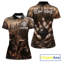Load image into Gallery viewer, Funny Bull Bowling Shirts For Women Custom Grunge Forest Polo &amp; 1/4 Zip Bowling Team Jersey NYN3731