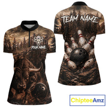 Load image into Gallery viewer, Funny Bull Bowling Shirts For Women Custom Grunge Forest Polo &amp; 1/4 Zip Bowling Team Jersey NYN3731
