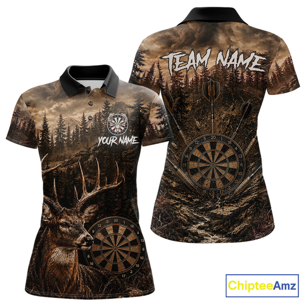 Funny Deer Women's Darts Polo Shirt Mockup, Brown Grunge Forest Dart Tournament Jersey, Personalized Hunting Dart Team Apparel