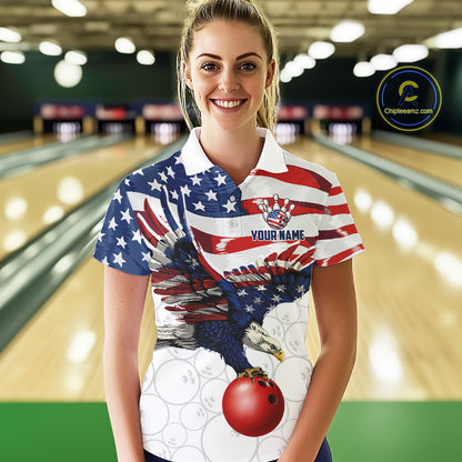 Red, White And Blue American Flag Eagle Bowling Shirts For Women Custom Patriot Bowling Team Jersey NYN4026