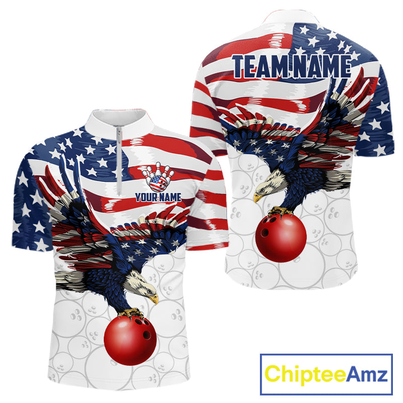 Red, White And Blue American Flag Eagle Bowling Shirts For Men Custom Patriot Bowling Team Jersey NYN4026