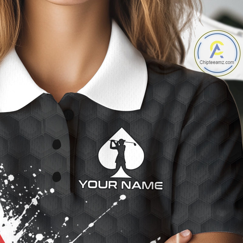 Red Spades Poker Womens Golf Polo Shirt Custom Name Splatter Poker Golf Top For Team, Golf Gift NYN4034