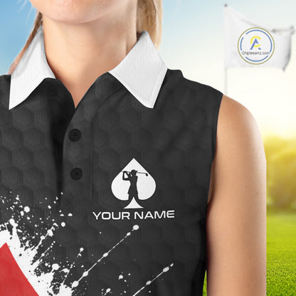 Red Spades Poker Womens Golf Sleeveless Polo Shirt Custom Name Splatter Poker Golf Top For Team, Golf Gift NYN4034