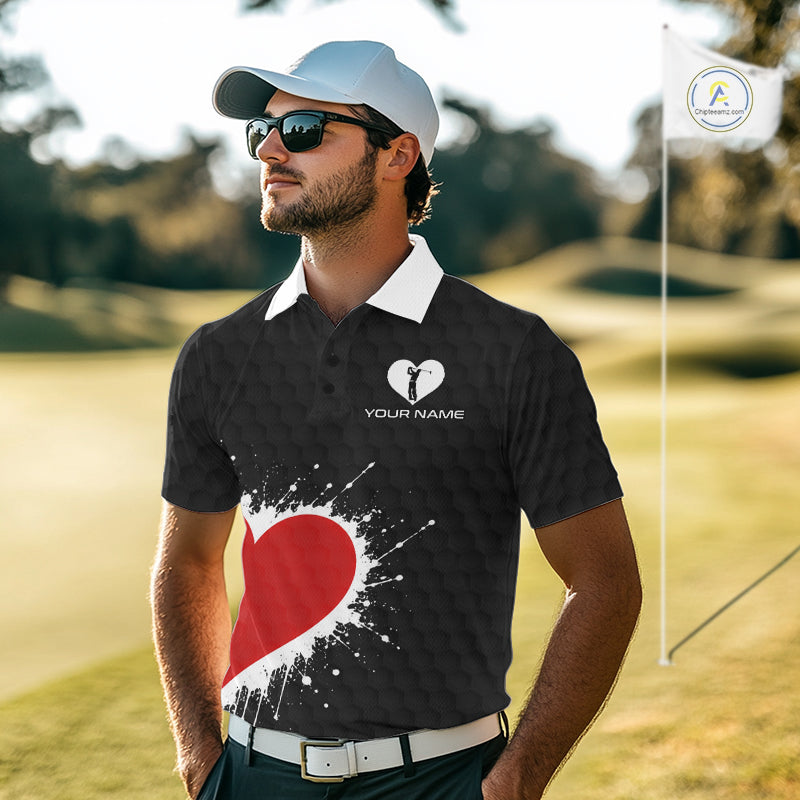 Red Hearts Poker Mens Golf Polo Shirt Custom Name Splatter Poker Golf Top For Team, Golf Gift NYN4035