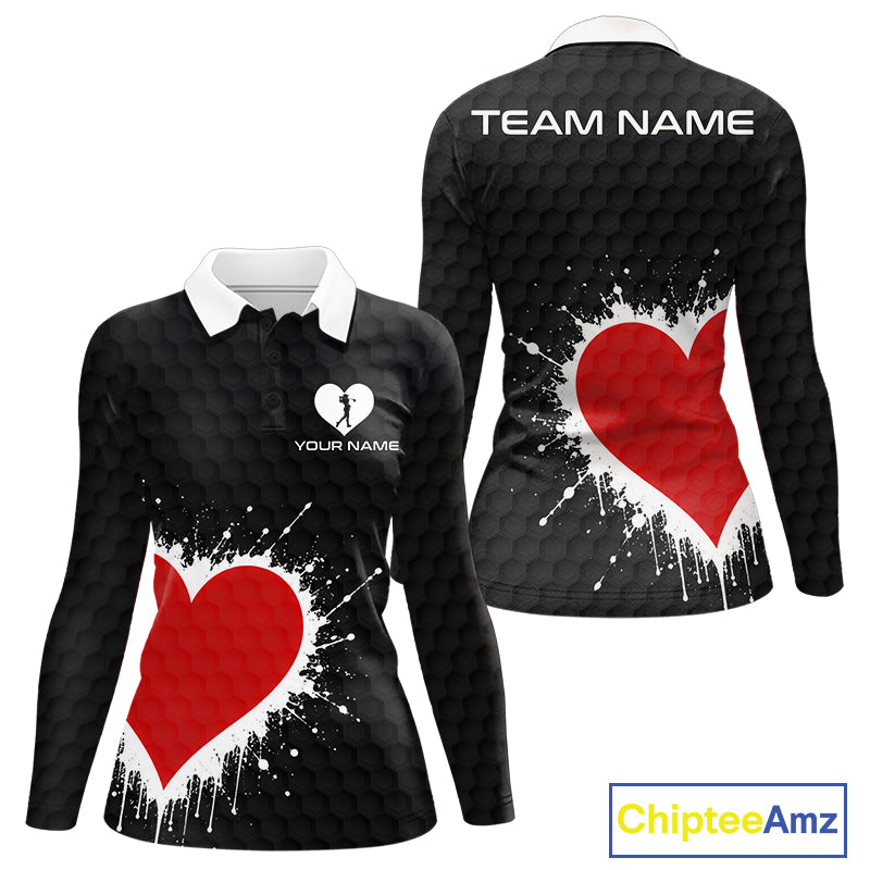 Red Hearts Poker Womens Golf Polo Shirt Custom Name Splatter Poker Golf Top For Team, Golf Gift NYN4035