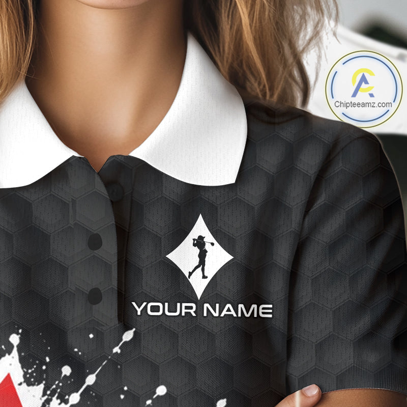 Red Diamonds Poker Womens Golf Polo Shirt Custom Name Splatter Poker Golf Top For Team, Golf Gift NYN4036