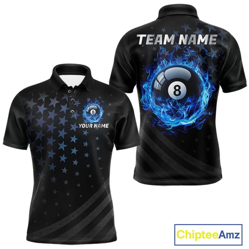 Fire Flame 8 Ball Pool Polo Quarter-Zip Billiard Shirt For Men Custom Blue Billiard Team Attire NYN4046