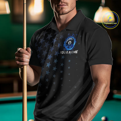 Fire Flame 8 Ball Pool Polo Quarter-Zip Billiard Shirt For Men Custom Blue Billiard Team Attire NYN4046