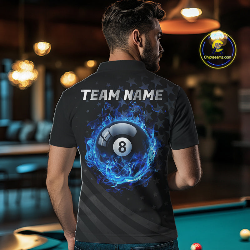 Fire Flame 8 Ball Pool Polo Quarter-Zip Billiard Shirt For Men Custom Blue Billiard Team Attire NYN4046