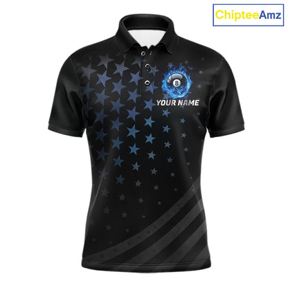 Fire Flame 8 Ball Pool Polo Quarter-Zip Billiard Shirt For Men Custom Blue Billiard Team Attire NYN4046