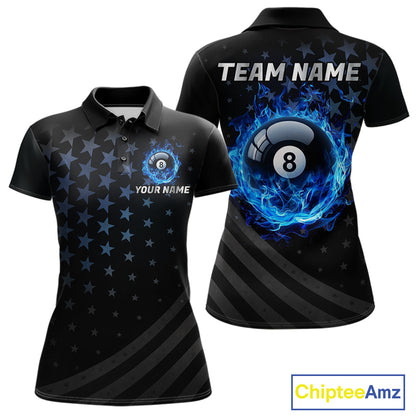 Fire Flame 8 Ball Pool Polo Quarter-Zip Billiard Shirt For Women Custom Blue Billiard Team Attire NYN4046