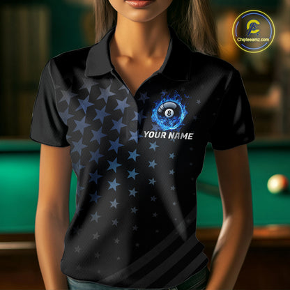 Fire Flame 8 Ball Pool Polo Quarter-Zip Billiard Shirt For Women Custom Blue Billiard Team Attire NYN4046