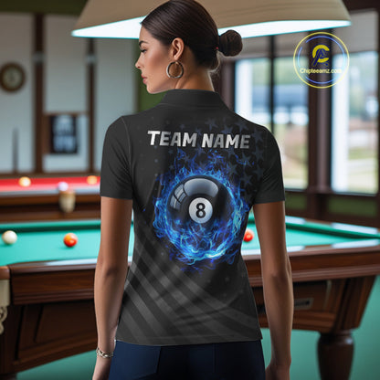 Fire Flame 8 Ball Pool Polo Quarter-Zip Billiard Shirt For Women Custom Blue Billiard Team Attire NYN4046