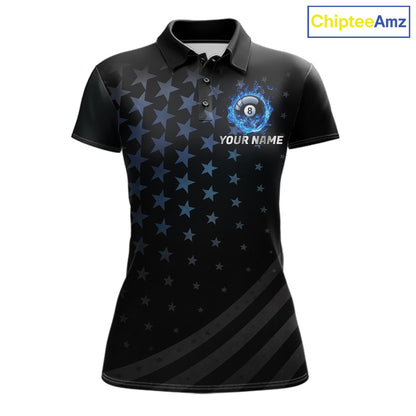 Fire Flame 8 Ball Pool Polo Quarter-Zip Billiard Shirt For Women Custom Blue Billiard Team Attire NYN4046