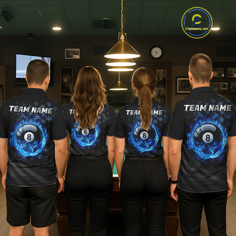 Fire Flame 8 Ball Pool Polo Quarter-Zip Billiard Shirt For Women Custom Blue Billiard Team Attire NYN4046