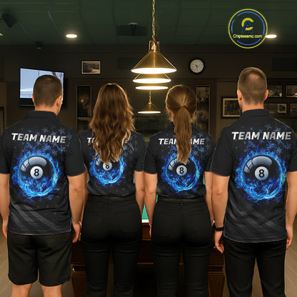Fire Flame 8 Ball Pool Polo Quarter-Zip Billiard Shirt For Women Custom Blue Billiard Team Attire NYN4046