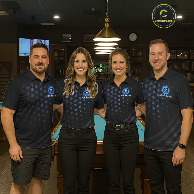 Fire Flame 8 Ball Pool Polo Quarter-Zip Billiard Shirt For Women Custom Blue Billiard Team Attire NYN4046