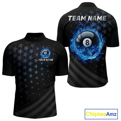 Fire Flame 8 Ball Pool Polo Quarter-Zip Billiard Shirt For Men Custom Blue Billiard Team Attire NYN4046