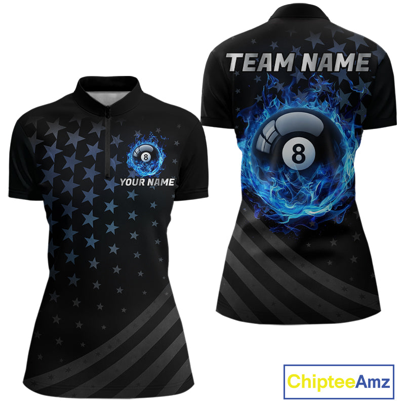 Fire Flame 8 Ball Pool Polo Quarter-Zip Billiard Shirt For Women Custom Blue Billiard Team Attire NYN4046