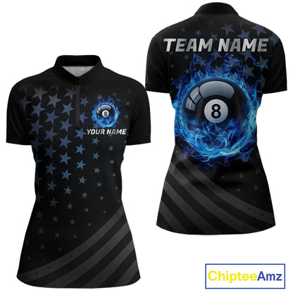 Fire Flame 8 Ball Pool Polo Quarter-Zip Billiard Shirt For Women Custom Blue Billiard Team Attire NYN4046