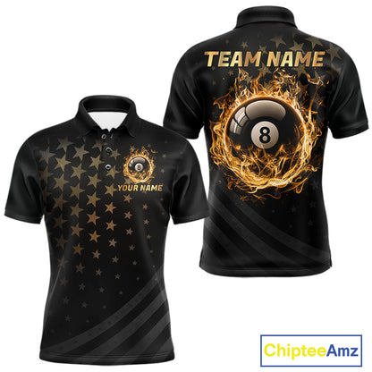 Fire Flame 8 Ball Pool Polo Quarter-Zip Billiard Shirt For Men Custom Gold Billiard Team Attire NYN4047