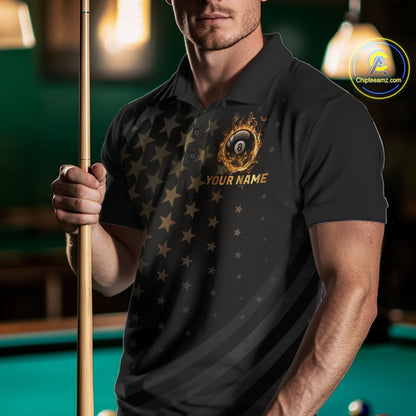 Fire Flame 8 Ball Pool Polo Quarter-Zip Billiard Shirt For Men Custom Gold Billiard Team Attire NYN4047