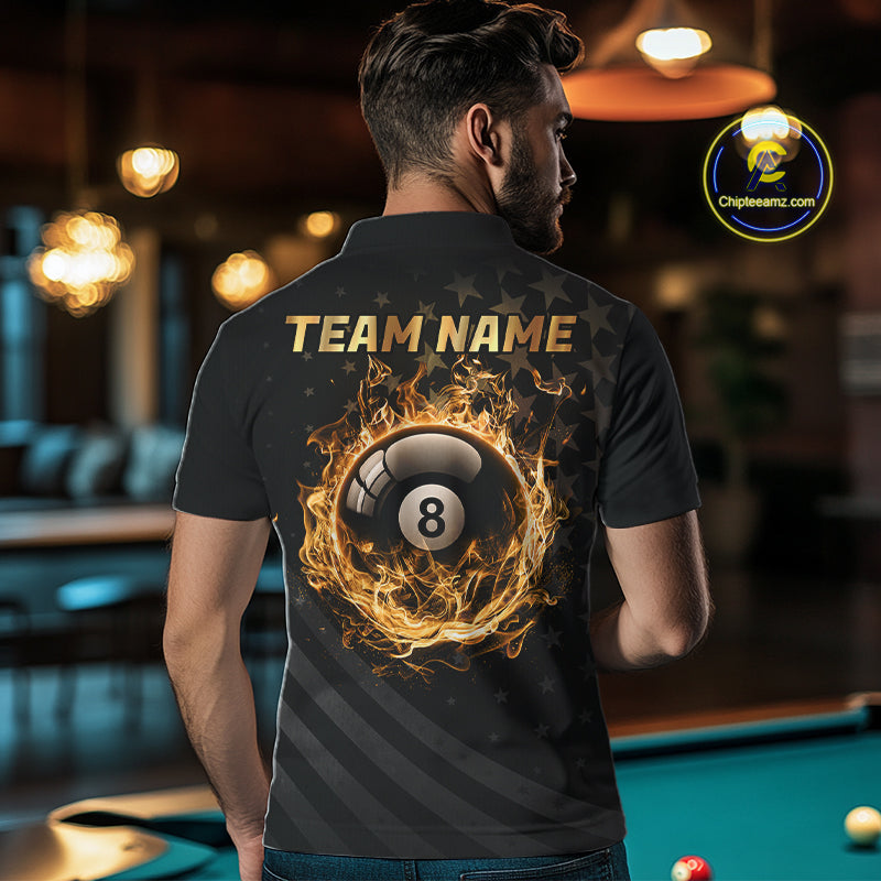 Fire Flame 8 Ball Pool Polo Quarter-Zip Billiard Shirt For Men Custom Gold Billiard Team Attire NYN4047